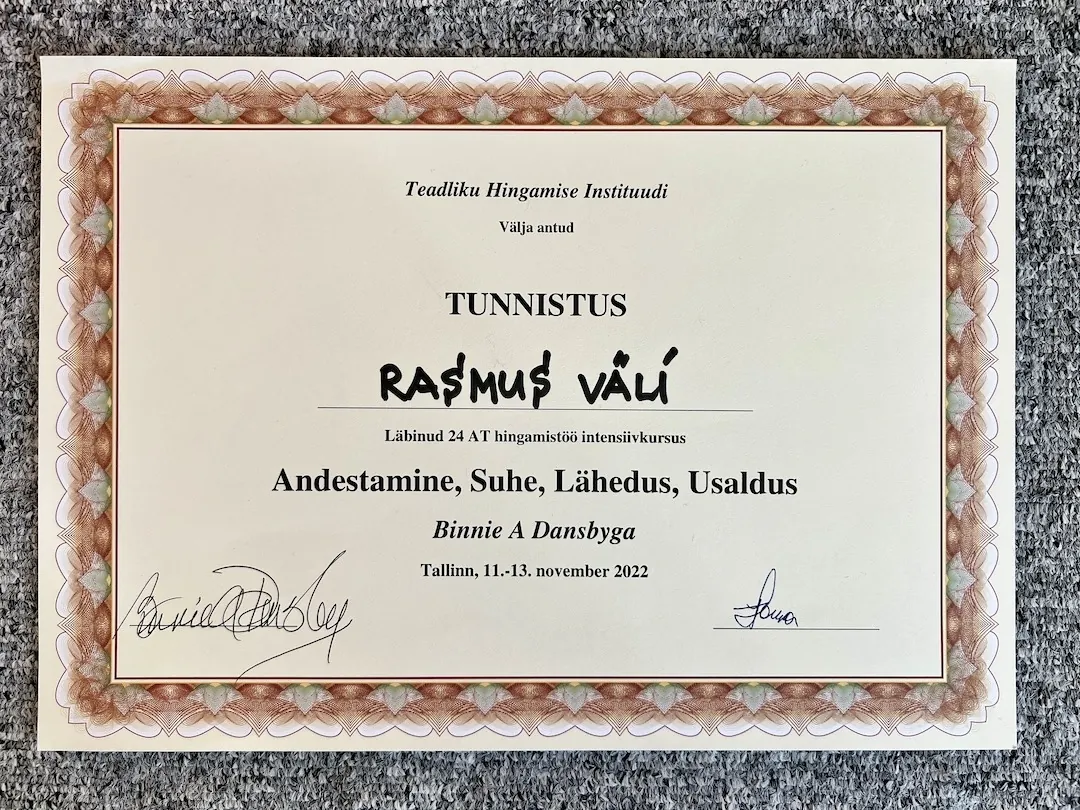 Rasmus Väli Breathwork intensive certificate, 2022