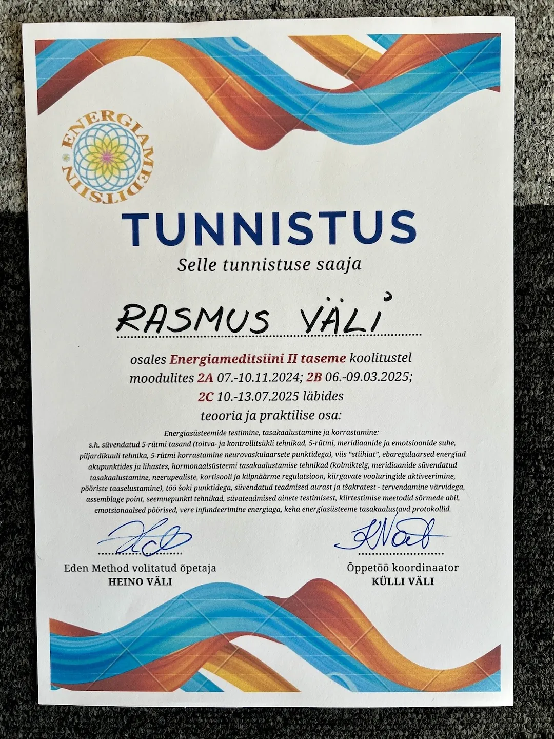 Rasmus Väli Energy Medicine Level 2 certificate, 2024