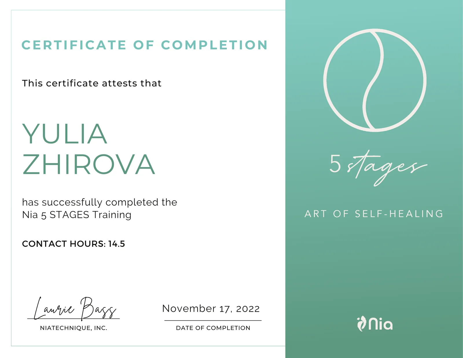 Yulia Zhirova Nia 5 Stages Training certificate, 2022