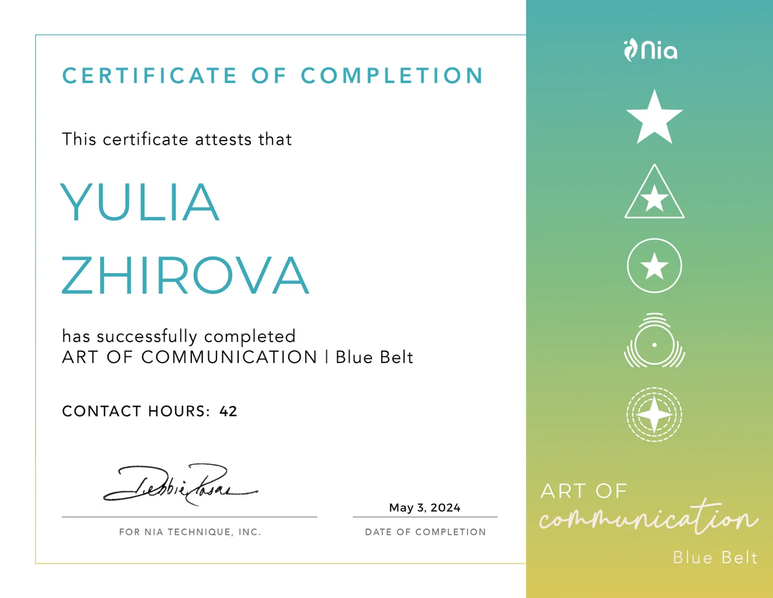 Yulia Zhirova Nia Art of Communication Blue Belt certificate, 2024