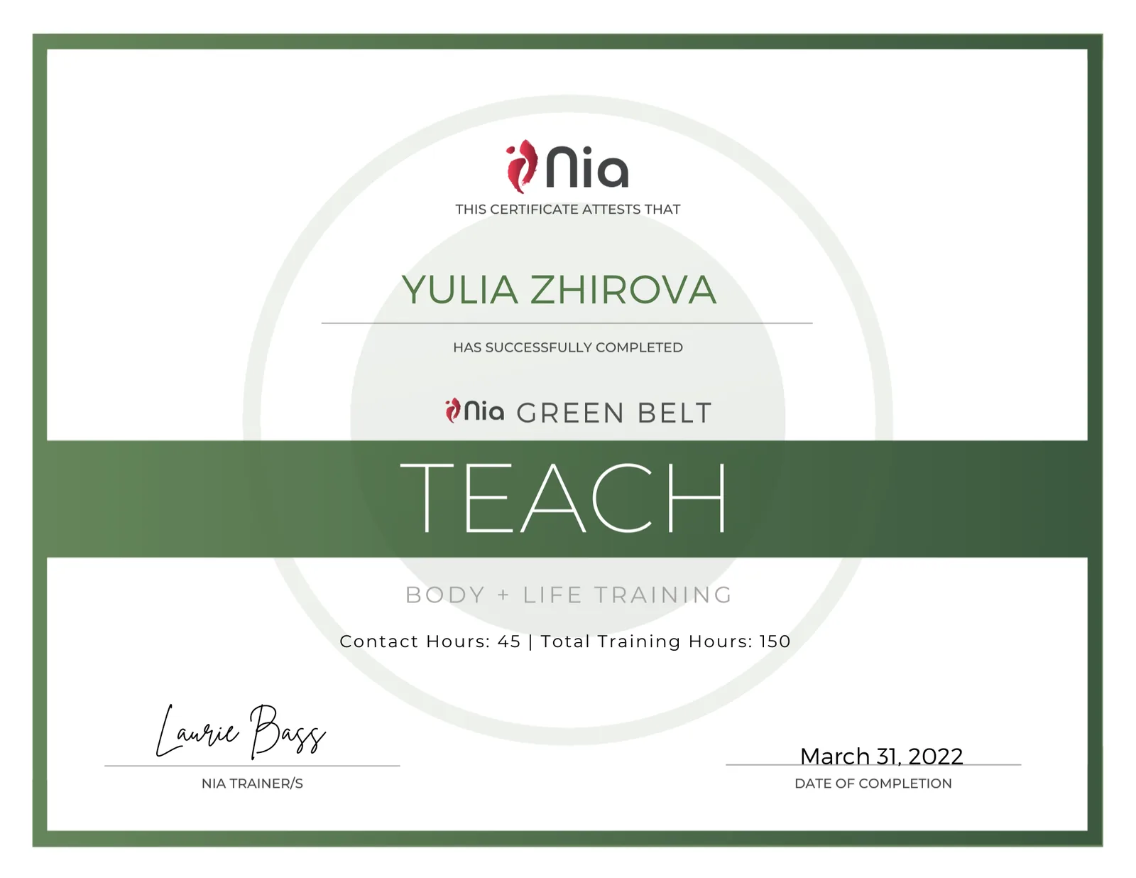 Yulia Zhirova Nia Green Belt Teach certificate, 2022
