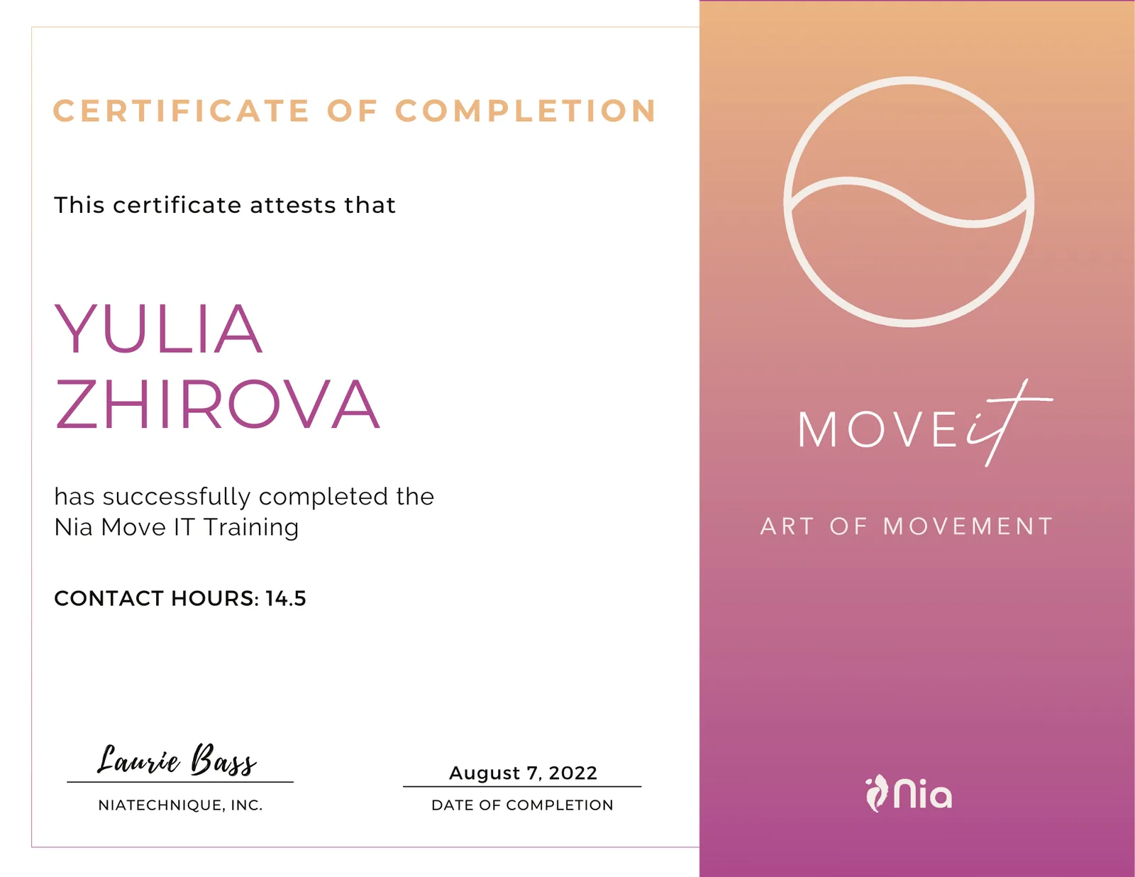 Yulia Zhirova Nia MOVE it Training certificate, 2022