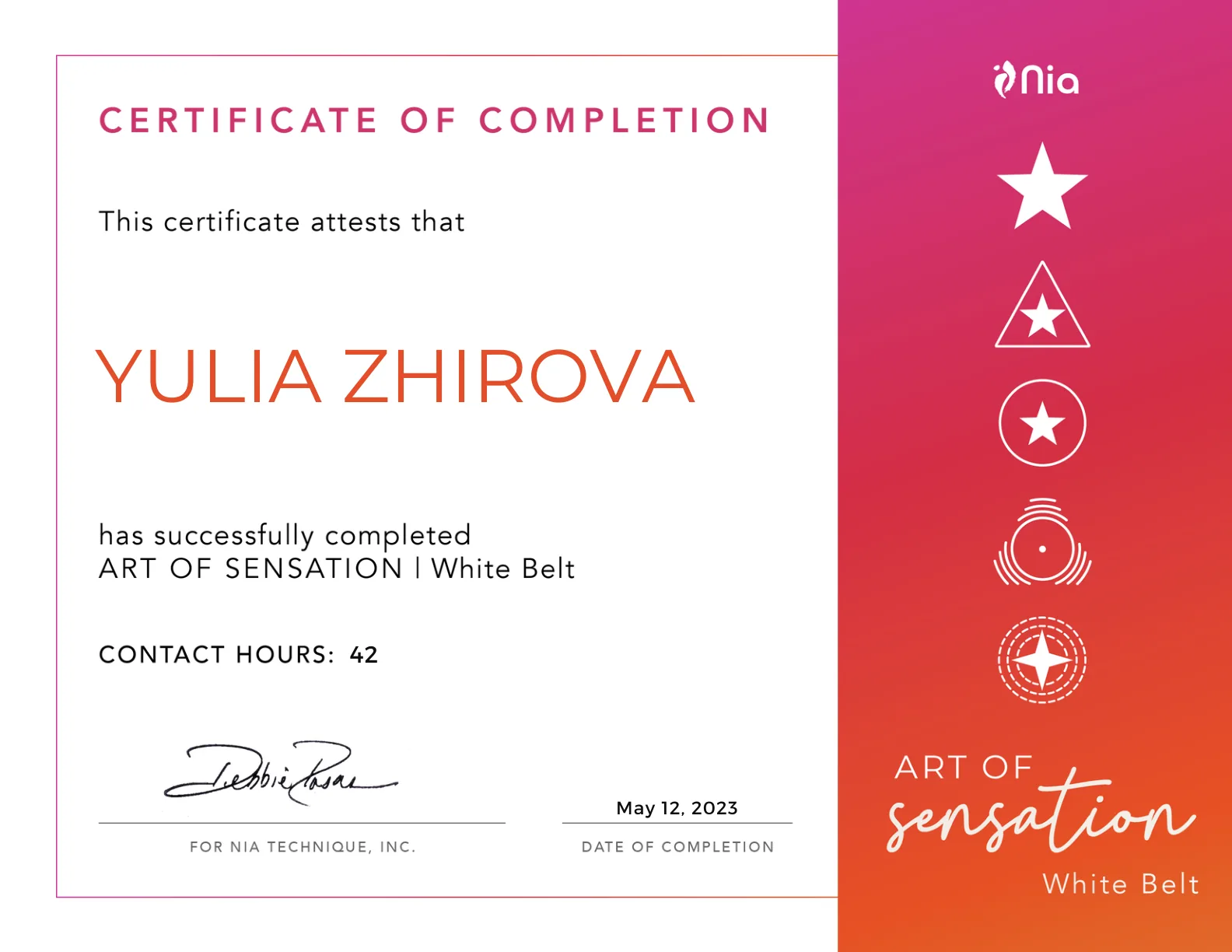 Yulia Zhirova Nia Art of Sensation White Belt certificate with Debbie Rosas, 2023