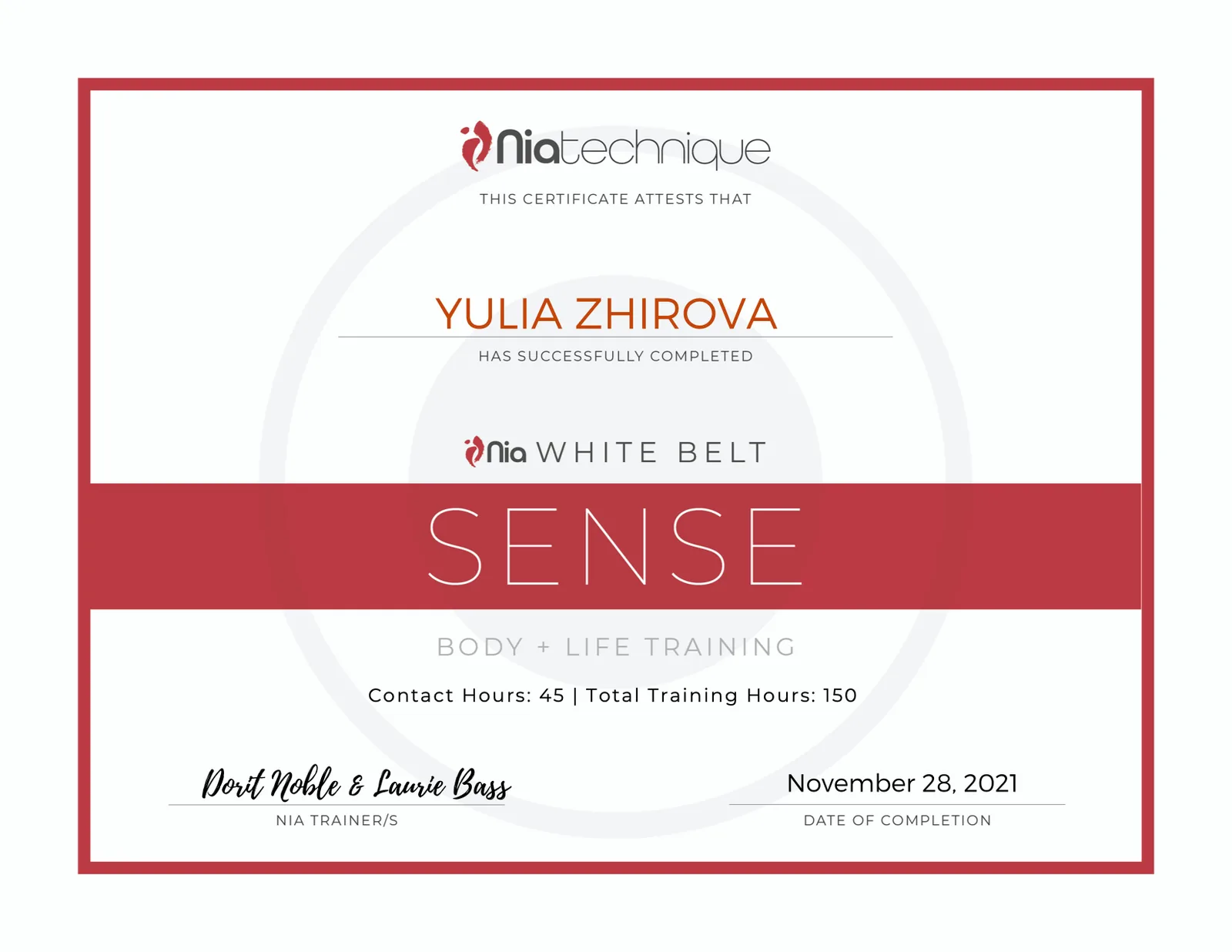 Yulia Zhirova Nia White Belt Sense certificate, 2021